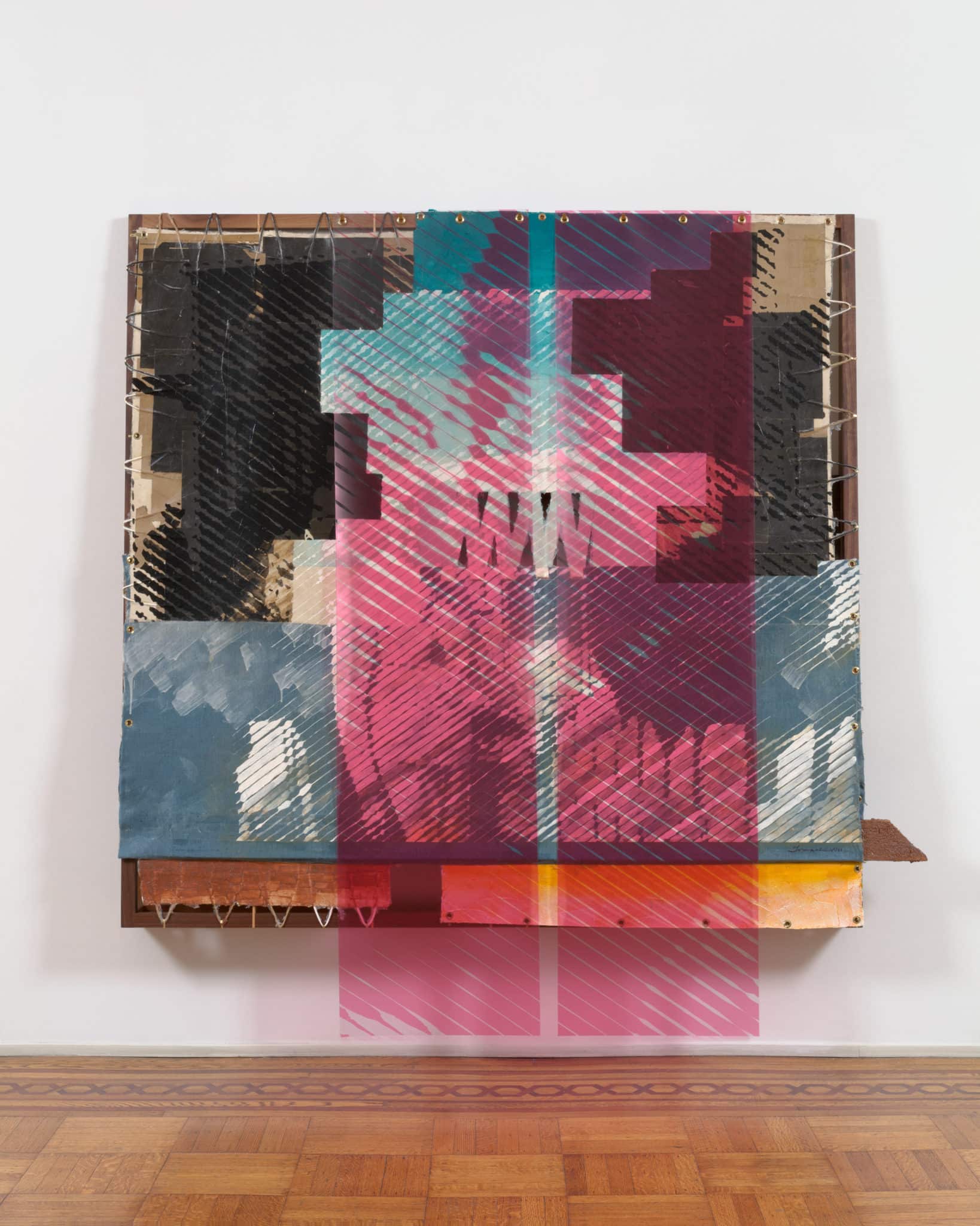 Tomashi Jackson, Blessed Be the Rock (1920s Dearfield Group, 1970s Ruth Flowers in The Little Rectangle, & the 1972 Second Baptist Church Choir), 2023. Acrylic, southern Colorado sand, Yule Quarry marble dust, and Red Rocks soil on paper bags, canvas, and textile with PVC marine vinyl, brass hooks and grommets on a handcrafted wood awning structure. 86 x 84 x 8 inches. Courtesy the artist and Tilton Gallery. 